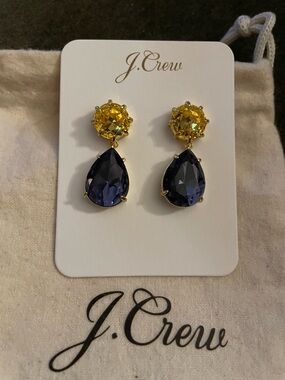 J. Crew Yellow & Navy Teardrop Crystal Drop Earrings - Gold Tone